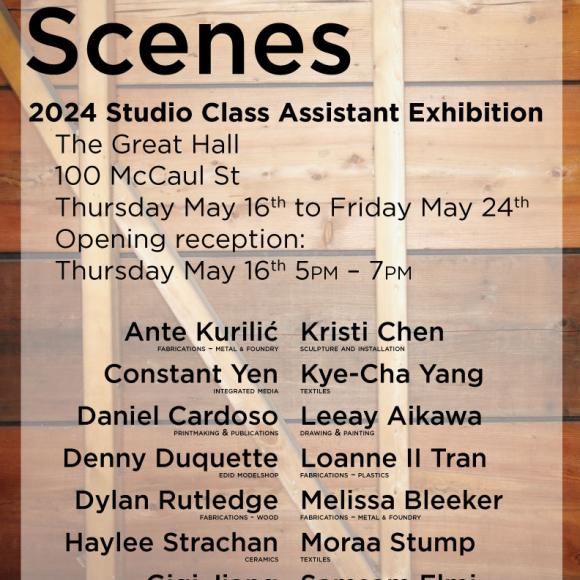 Poster for Behind the Scenes CA exhibition.  List of participants along with date and location