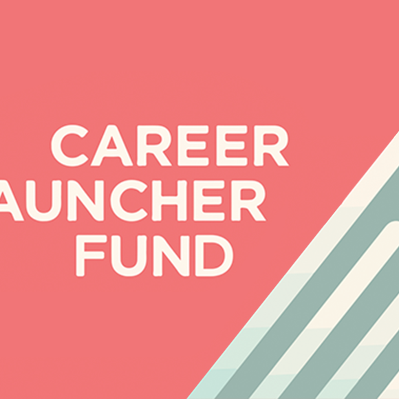 Pink and green background with diagonal beige lines. Text: "Career Launcher Fund".