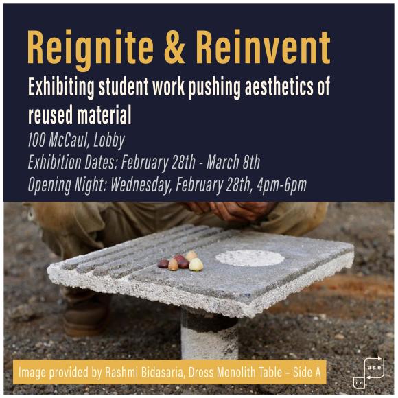 Reignite & Reinvent promotional poster with image by Rashmia Bidasaria of a mixed media Dross Monolith Table