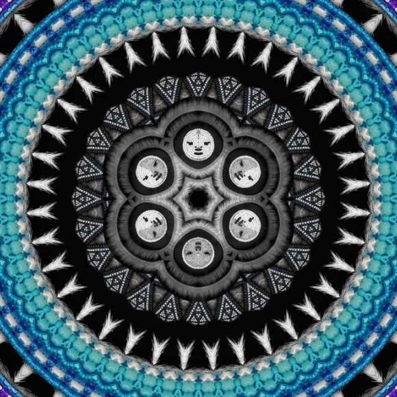 A digital collage of concentric circles on a black background. The innermost circle is white illustrated faces, followed by various white patterns. Patterns in shades of blue move outwards, the last ring is purple. Small geometric white flowers create a pattern on the background.