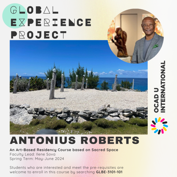 Image of artist Anotnius Roberts and his work with project title, deadline, and logos attached 