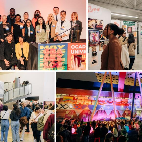 Four photos showing GradEx 109, including a group shot of medal winners and opening night celebration. 