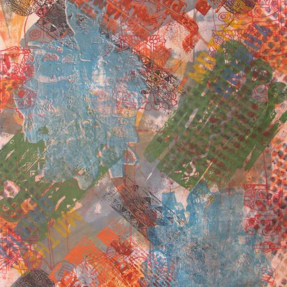 Abstract silkscreen image of blue, orange and green with feint grey faces appearing beneath the various colours.l