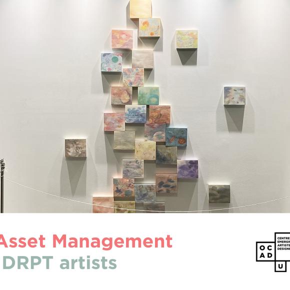 A photograph of a wall with multiple framed square canvases, work by Lesley Chan . The pink text reads "Slate Asset Management". Blue text reads "Call for DRPT artists". CEAD Logo and Career Launcher logos on the right bottom corner.