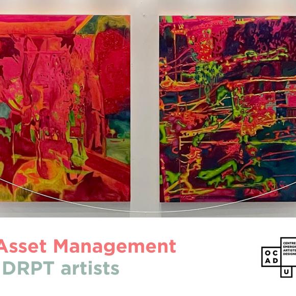 The image shows two paintings on a wall. White banner on the bottom with pink and green text: "SLATE Asset Management Call for DRPT artists". OCAD U CEAD and Career Launchers logo on bottom right.