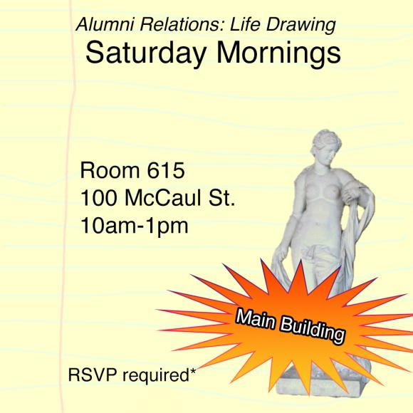 A yellow background with a marble sculpture and the text "Alumni Relations: Life Drawing Saturday Mornings. RSVP Required".