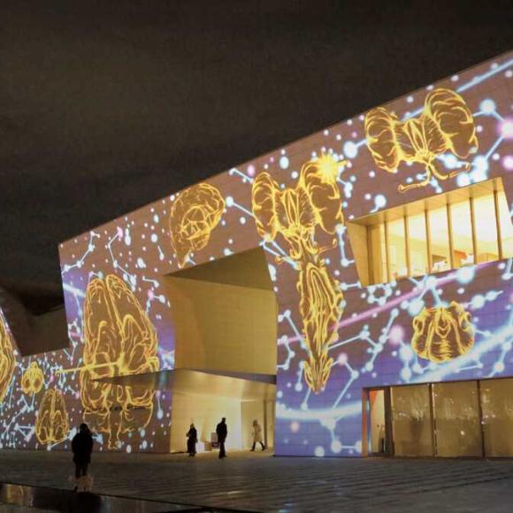 Photo of Aga Khan Museum with a work of art projected onto the building at night