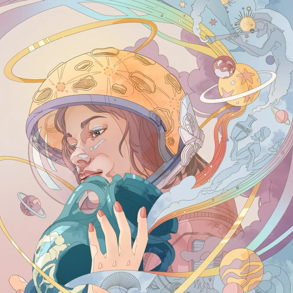 Picture of a girl in a futuristic space suit, holding a shattered ancient pot
