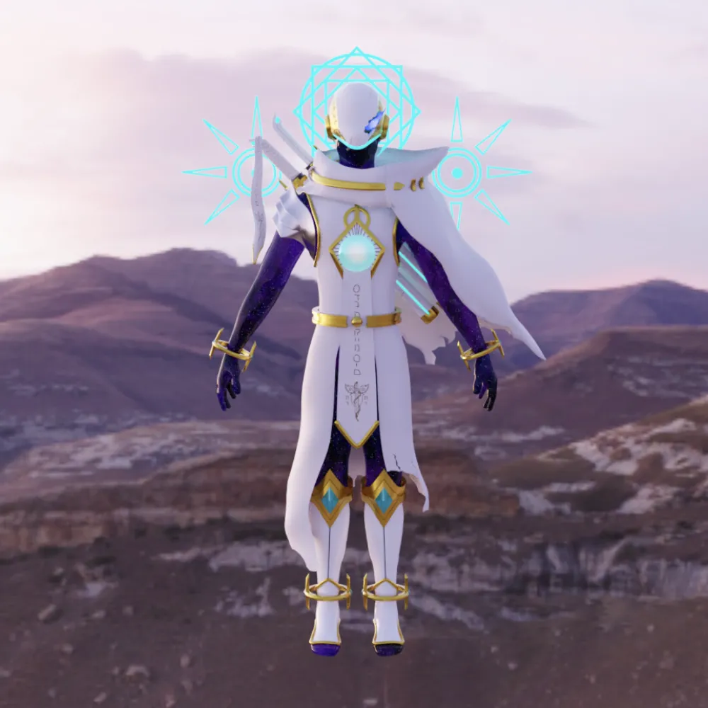 Rendering of a humanoid figure flying over a mountain