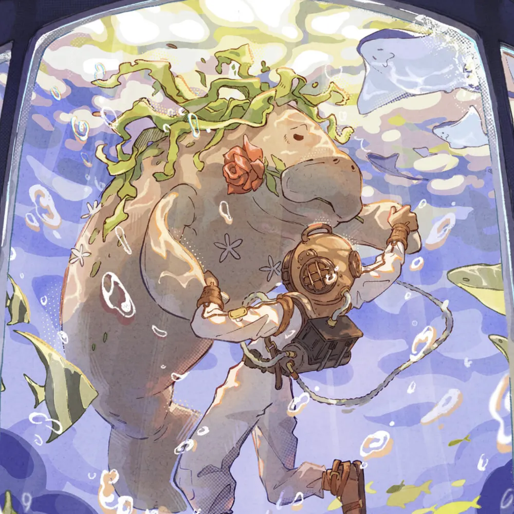 Illustration of a manatee dancing with a diver