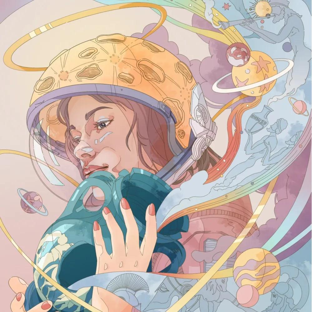Illustration of a woman in a space helmet holding a broken vase 