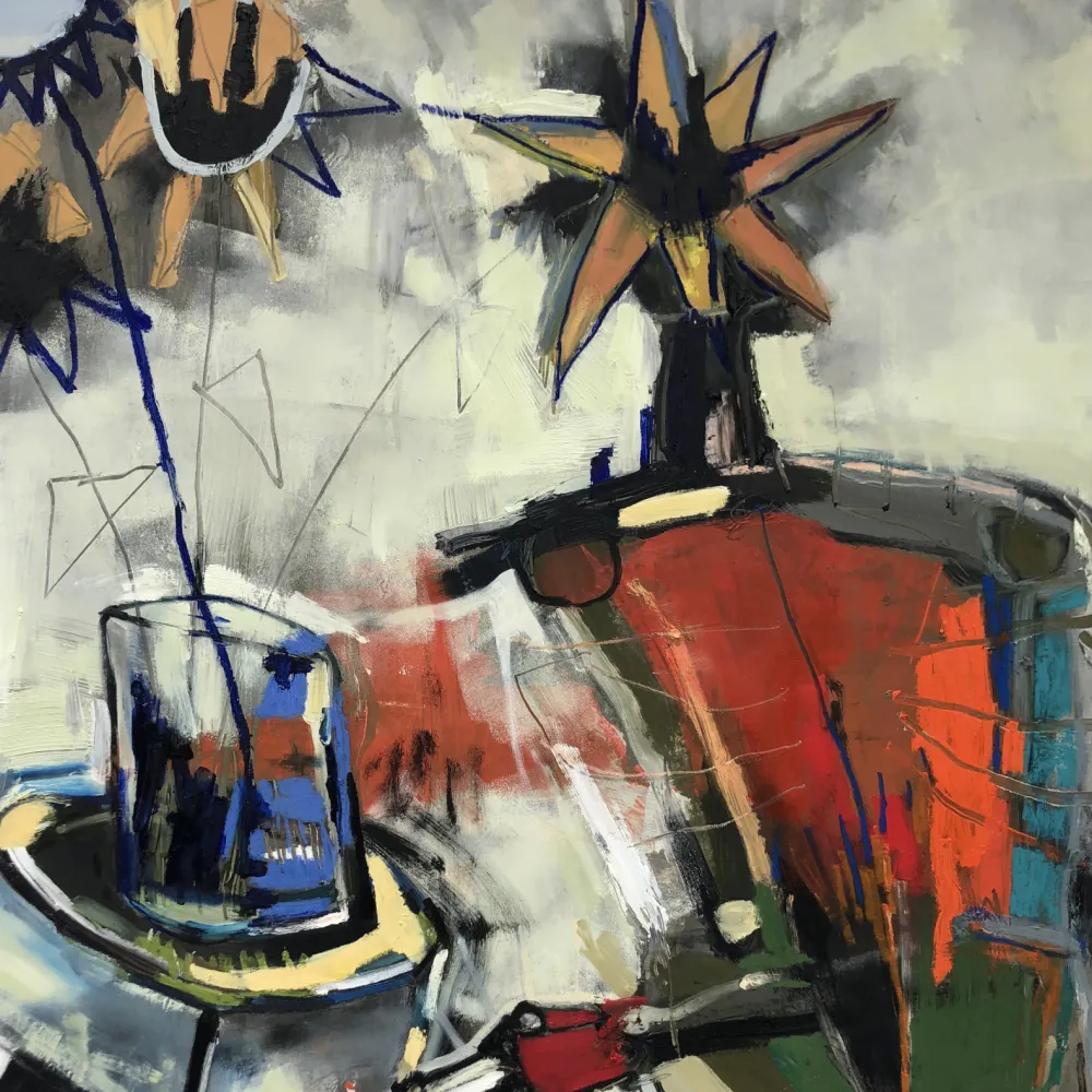 Abstract painting of a figure at a table with a plant