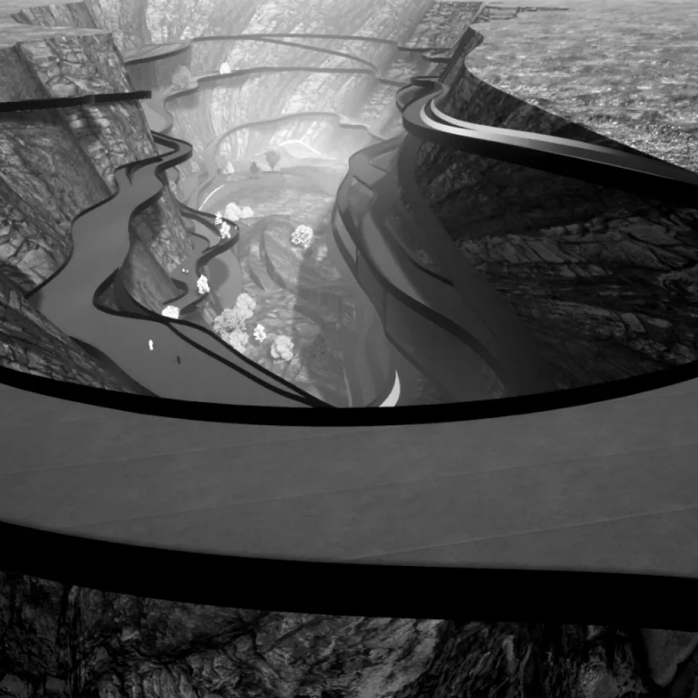 Black and white rendering of a landscape with large foothpath