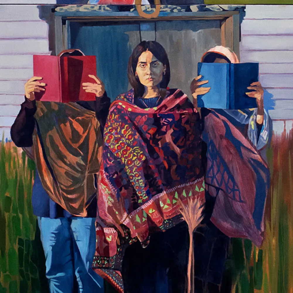 Painting of 3 people standing in front of a barn
