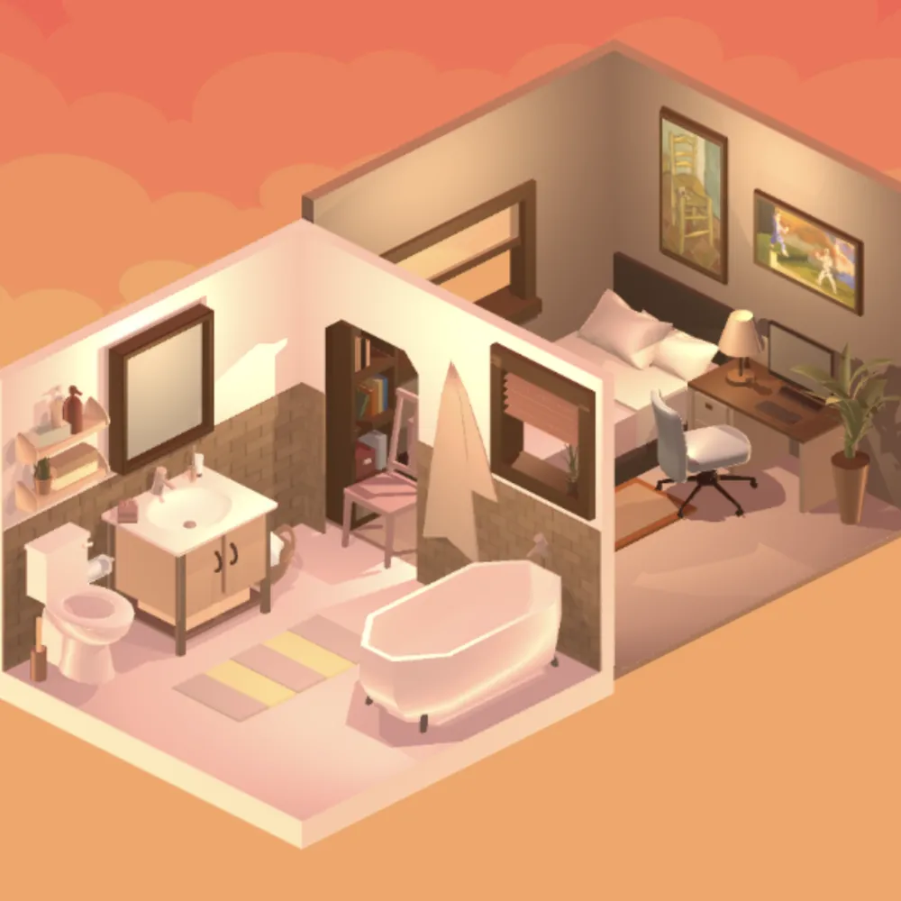 Isometric 3d model of a small apartment, featuring the bathroom