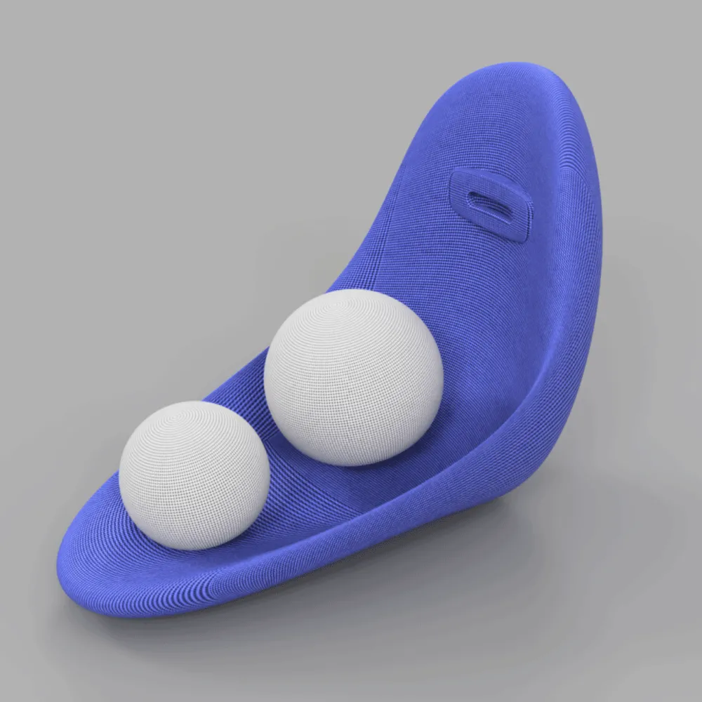 Rendering of a pea pod shaped chair with round objects on it