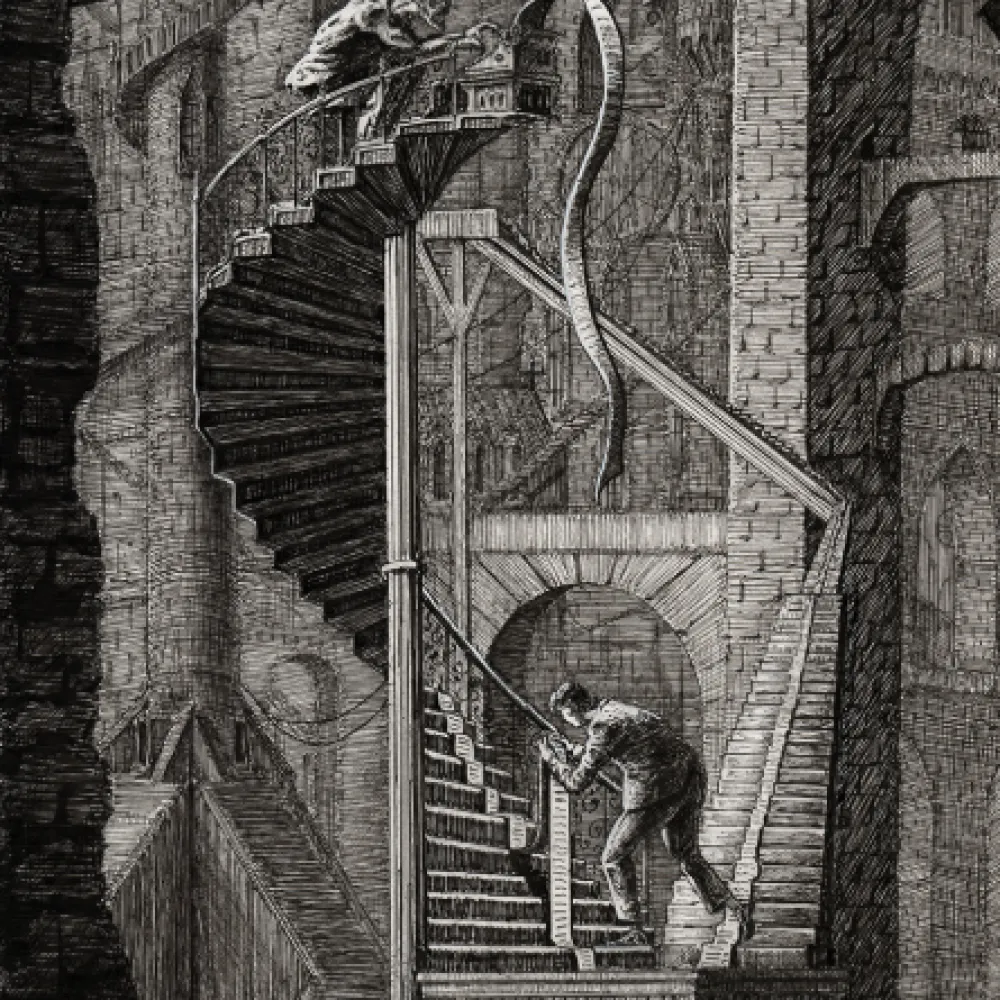 Ink drawing of two people on a staircase using a typewriter