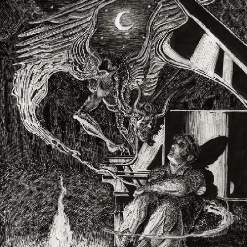 Ink drawing of a person on the floor with a creature over head