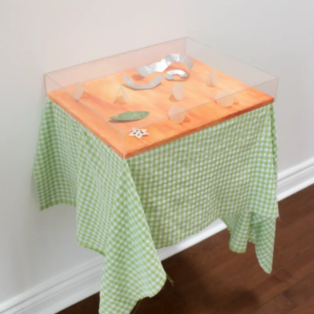 Table mounted to wall with small objects in a glass case