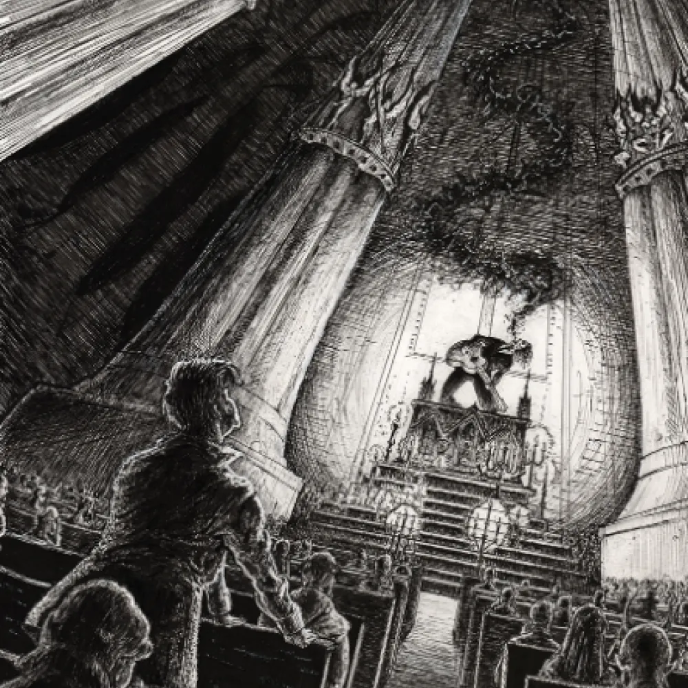 Ink drawing of a person on a church altar playing the guitar
