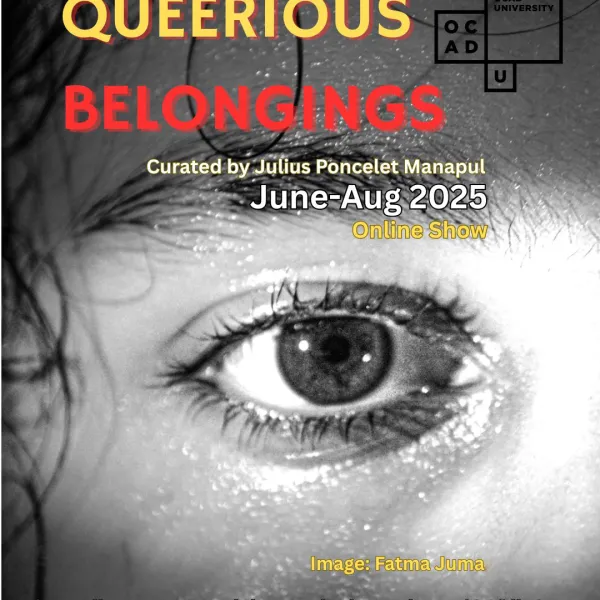 black and white eye shot with exhibition info